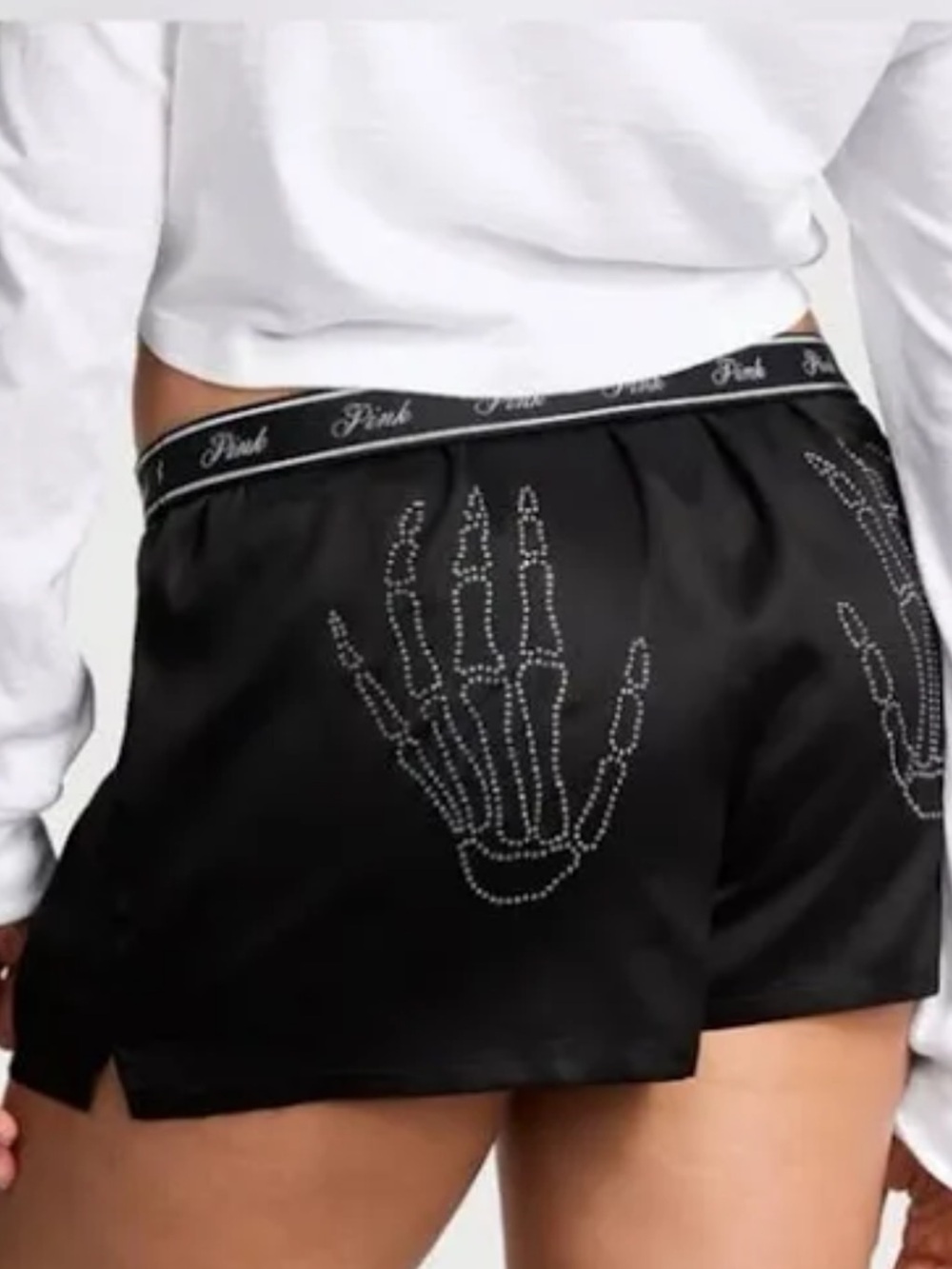 NWOT PINK Victoria’s Secret Silky boxers with Rhinestone Skelly hands size S